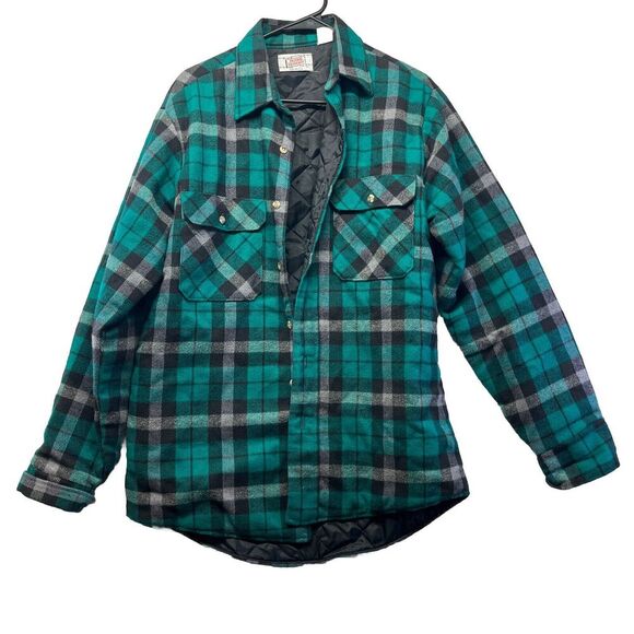 Vintage Private Property Lined Plaid Flannel Button Up M USA Shacket 70s Green - Picture 1 of 4